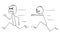 Mad Dangerous Person Chasing Robot, Vector Cartoon Stick Figure Illustration