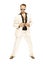 Mad disco dancer in white suit and snake leather boots