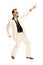 Mad disco dancer in white suit and snake leather boots