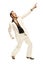 Mad disco dancer in white suit and snake leather boots