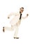 Mad disco dancer in white suit and snake leather boots