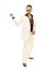 Mad disco dancer in white suit and snake leather boots