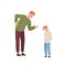 Mad father scolding little son vector flat illustration. Annoyed parent screaming to guilty child pointing finger