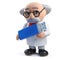 Mad scientist character holding a usb thumb drive device in 3d