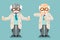 Mad scientist experiment old wise smart chemical test tubes cartoon flat design icons set vector illustration