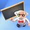 Mad scientist professor does another lecture at the blackboard, 3d render