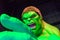 Madame Tussauds The Incredible Hulk. Green Skinned Fictional Superhero. Angry Face and Pointing the Finger.