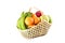 Madarin orange, guava fruit, banana and red apple in gift basket on white background fruit health food isolated