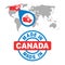 Made in Canada stamp. World map with red country. Vector emblem