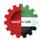 Made in UAE. Gear sets the color of UAE flag. Concept of sale or business.