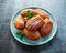 Madeleine French small cake, cookies shell on blue plate