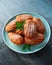 Madeleine French small cake, cookies shell on blue plate