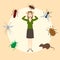 Madly frightened woman. Girl afraid of pests. Cockroach, mouse, rat, mosquito, fly, bugs in a circled infographics