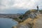 Madonna del Mare Our Lady of the Sea statue and Bova Marina Town aerial view - Bova Marina, Calabria, Italy