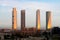 Madrid Four Towers financial district skyline during sunrise in