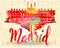 Madrid label with hand drawn Royal Palace of Madrid, lettering Madrid with watercolor fill