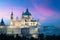 Madrid landmark at night. Landscape of Santa Maria la Real de La Almudena Cathedral and the Royal Palace. Beautiful skyline at