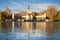 Madrid landmark. Sunset time at the memorial in Retiro city park, Madrid, Spain. Beautiful sky during summer sunset