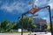 Madrid, Spain Alonso Martinez Metro Station with logo day view at Plaza de Santa Barbara with fountain