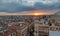 Madrid, Spain Cityscape Showing Rooftops and Almudena Cathedral at sunset