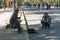 Madrid, Spain - November 12,2017 : Unidentified father and child watch a street performer play the saxophone in Retiro Park Madrid