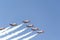 MADRID, SPAIN - OCTOBER 12, The Eagle Patrol of the Air Force flying over the sky of Madrid