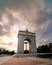 MadridSpain. April 01, 2022: Moncloa lighthouse between the Victoria arch- Madrid at sunset Satellite dish above the sky of