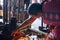 MADURAI, INDIA - FEBRUARY 16: An unidentified woman commits ritual actions at Sri Meenakshi Amman Temple. India, Tamil