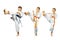 Mae-geri kick in perfoming three sportsmen in karategi collage