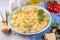 Mafaldine pasta with white creamy sauce