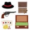 Mafia set, men's hat, money in a suitcase and a revolver with playing cards, vector illustration flat style