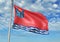 Magadan Oblast region of Russia Flag waving with sky on background realistic 3d illustration
