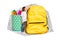Magazine banner collage of school child measure height big bag isolated on draw white color background