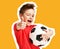 Magazine style collage of sport boy kid player hold soccer ball celebrating show thumbs up happy smiling laughing