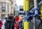 Magdalen street, Oxford, United Kingdom, February 19, 2017: Scaffolding with closeup on bolts clamped joints and foam safety