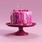 Magenta 3d Cherry Cake With Dripping Chocolate On Stand