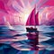 Magenta Cubism Seascape Abstract Illustration On Blue Sea At Sunset