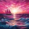Magenta Cubism Seascape Abstract: Low Poly Sailing Boat On Waves At Sunset