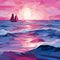 Magenta Cubism Seascape Abstract With Pink Sailboat At Sunset