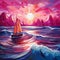 Magenta Cubism Seascape Abstract: Vibrant Sailboat Sunset On Ocean Waves