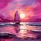 Magenta Pre-raphaelite Seascape Abstract - Vibrant Sailing Boat Illustration