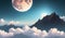 Magestic Full Moon in Alien Planet Mountains Fantasy Magical Illustration for children book. Generative AI