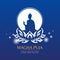 Magha puja day banner with white The Buddha in circle on lotus sign and circle light on blue background vector design