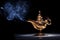 Magic Aladdin\'s Genie lamp on black with smoke