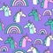 Magic background with unicorns.  Hand-drawn seamless pattern.  Ponies and horses