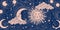 Magic banner for astrology, divination, magic. The device of the universe, crescent moon and sun with moon on a blue