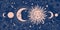 Magic banner for astrology, tarot, boho design. Universe art, crescent moon and sun on a blue background. Esoteric