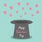 Magic black hat with flying pink hearts on blue background. Flat design style Happy Valentines day card