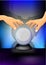 Magic blue crystal ball of glass on a stand with the hands of a wizard, magic illustration