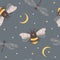 Magic bohemian seamless pattern with mystical bees and dragonflies. Celestial insects with moon and stars